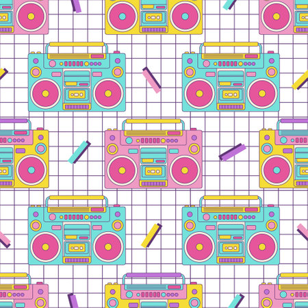 Retro boombox vintage seamless pattern 80s 90s geometric shapes in Memphis style on checkered backgroundのイラスト素材