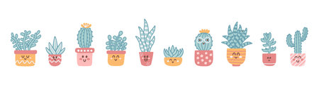 Set cute potted houseplants, cacti and succulents in cartoon hand drawn style, vector illustration on white backgroundのイラスト素材