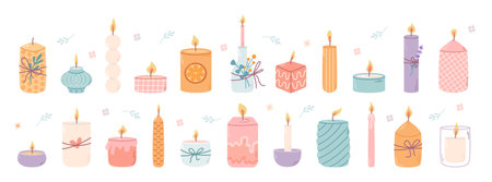 Cute set various candles. Different shapes and sizes. Decorative aroma wax candles for relax and spa. Vector flat illustration in hand drawn styleのイラスト素材