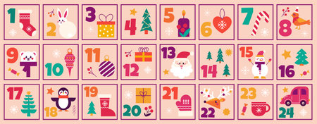 Christmas advent calendar countdown printable numbered poster with xmas elements and symbols, vector flat illustrationのイラスト素材
