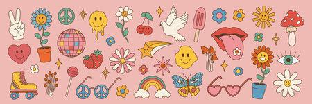 Groovy hippie set of 70s 80s elements. Vector illustration in vintage style, flower, rainbow, heart, mushroomのイラスト素材