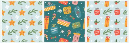 Set of Christmas and Happy New Year seamless patterns, gift boxes, candies, spruce twigs. Vector holiday backgroundのイラスト素材