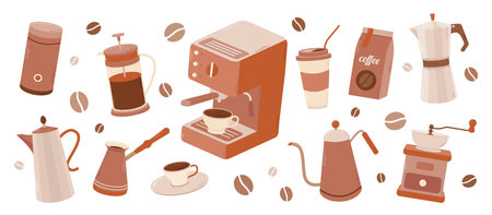 Set of coffee elements collection. Coffee supplies icons. Maker, French press, pot, coffee machine, grinder, grains. Vector illustrationのイラスト素材