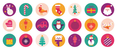 Christmas set stickers in modern geometric style. Santa, gift, ball and other festive elements. Merry Christmas and New year template, icon, signのイラスト素材