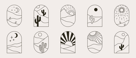 Bohemian linear logos desert with cactus, mountains, sandy, sun and moon. Vector abstract setのイラスト素材