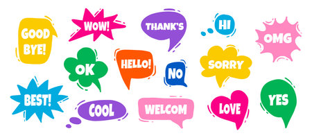 Colorful set of speech bubbles. Various forms of windows, clouds for chat, messages with phrases. Vector elements for text on white backgroundのイラスト素材