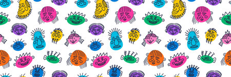 People face, funny portraits, modern colorful abstract character in doodle style. Vector seamless...