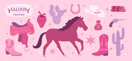 Cowgirl vector set. Wild West concept. Flat hand drawn illustration with hat, horse, sheriff badge, and bootsのイラスト素材