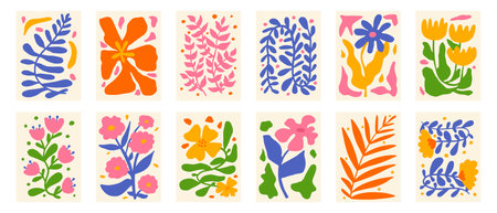 Floral abstract botanical composition set. Modern trendy minimal style. Vector design for print, wallpaper, card and invite, posterのイラスト素材