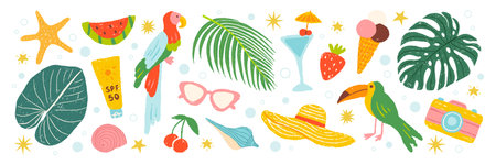Summer hand drawn crayon icons set. Tropical vacation on beach collection elements. Vector flat...