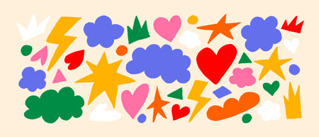 Colorful trendy abstract geometric shape set with modern elements doodles. Vector collage drawing style forms collection, backgroundのイラスト素材