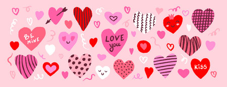 Cute set for Valentines day. Crayon hearts in hand drawn style, cute phrases. Vector trend colorful...