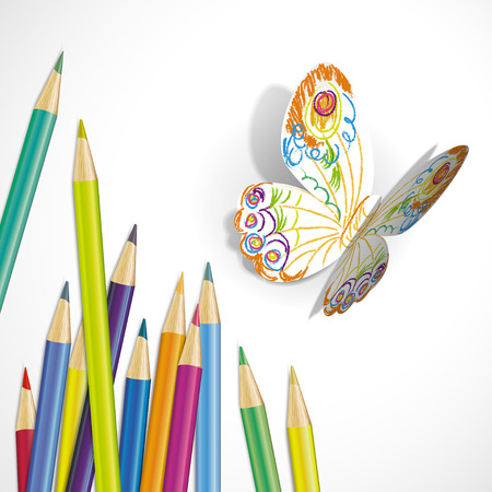Vector illustration of a paper butterfly and colored pencilsのイラスト素材