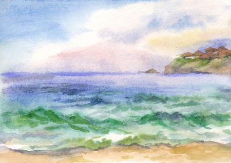 Watercolor background with the image of sea wavesの写真素材