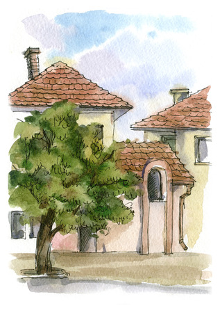 Watercolor sketch southern landscape with tiled roofsの写真素材