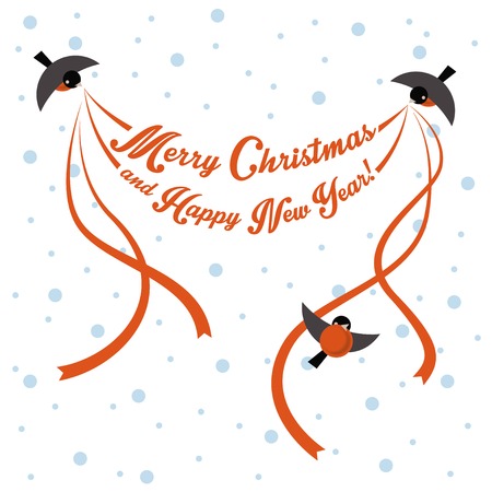 Vector bullfinch carrying Christmas greeting with ribbonsのイラスト素材