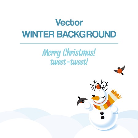 Vector winter landscape background with snowman and bullfinchesのイラスト素材