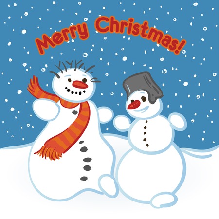 Vector Christmas illustration with two dancing snowmenのイラスト素材
