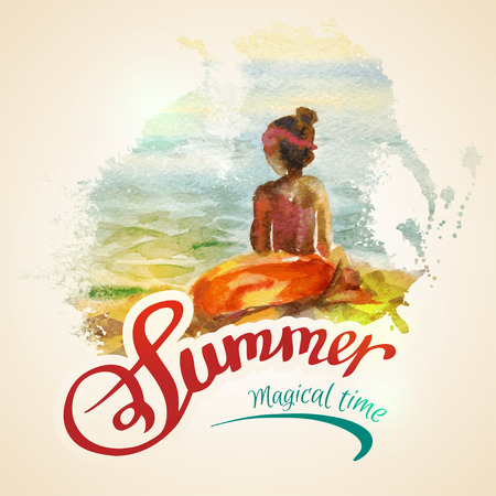 Watercolor image of a girl on the beachのイラスト素材