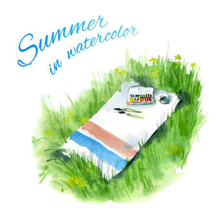 Tools of the artist on the grassのイラスト素材