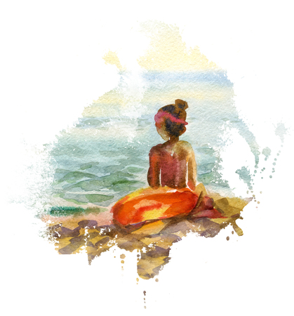 Watercolor seascape with girlの写真素材