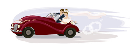 Vector illustration. Newlyweds riding in a wedding retro car.のイラスト素材