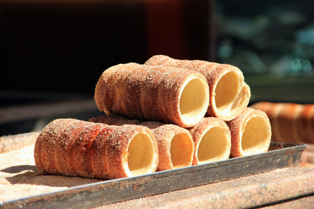 Trdelnik pastries, typical national dessert in Prague, Czech Republicの写真素材