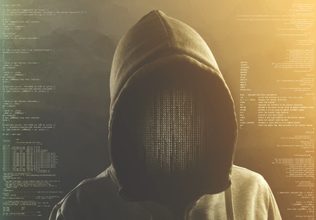 hacker at work with graphic user interface aroundの写真素材