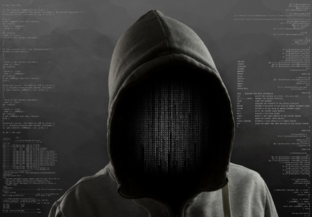 hacker at work with graphic user interface aroundの写真素材