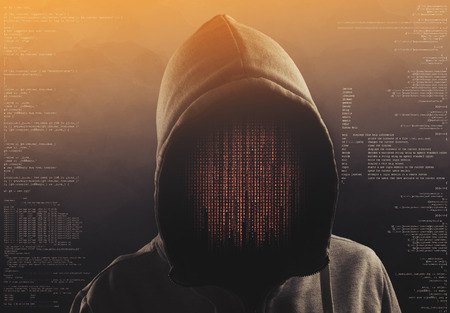 hacker at work with graphic user interface aroundの写真素材