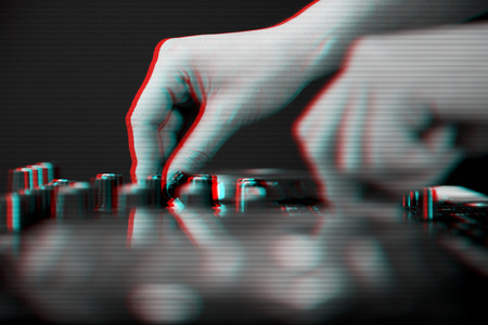DJ Hand Mixing on Controller, Glitch Black and Whiteの写真素材