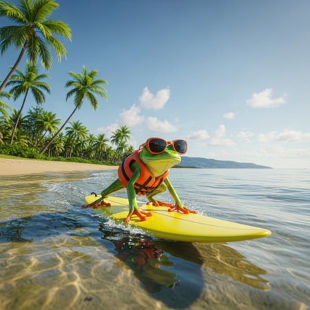 A frog wearing sunglasses and a life jacket is surfing on a small wave at a tropical beach. The beach is lined with palm trees and has a clear blue sky with some clouds.の素材