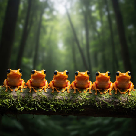 This image captures a serene scene in a dense forest. Six vibrant orange frogs with black eyes are perched in a neat row on a moss-covered branch. The background is filled with tall, green trees, creating a sense of depth and tranquility. The sunlight filters through the canopy, casting a soft glow on the frogs and the surrounding foliage.の素材