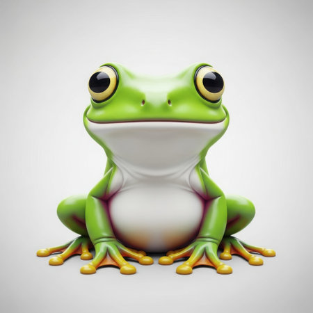 A bright green frog with large, round eyes is sitting upright. The frog has a white belly and yellow feet with visible toes. It appears to be looking directly at the viewer with a calm expression.の素材