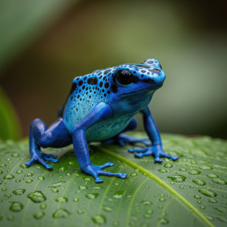 A vividly bright blue poison dart frog is perched on a green leaf. The frog's skin is adorned with distinctive black spots, and it appears to be in a natural, lush environment. Water droplets are scattered across the leaf, adding to the fresh and vibrant atmosphere of the scene.の素材