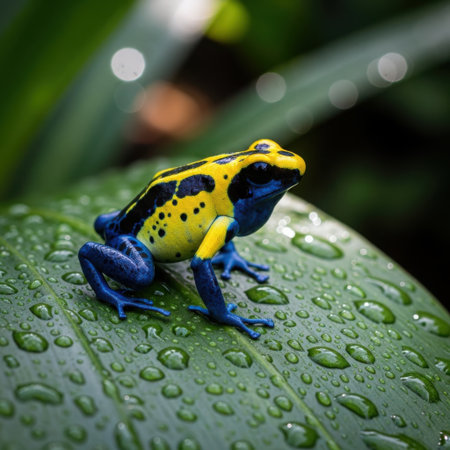 A vividly colored frog with bright yellow and blue patterns sits on a large green leaf covered with water droplets. The frog's striking colors contrast beautifully with the leaf, creating a captivating natural scene. The background is blurred, drawing focus to the frog and the leaf.の素材
