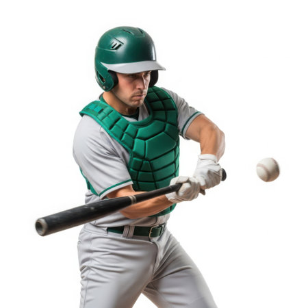 A baseball player wearing a green helmet and chest protector is in the midst of swinging a bat at an incoming ball.の素材