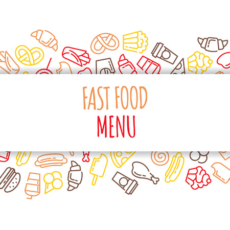 Fast food menu. Set of cartoon vector background.. french fries, hamburger, sweet potato fries, hot dog icecreamのイラスト素材