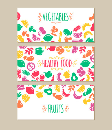 Banners set of healty food cartoon representing some funny vegetablesのイラスト素材