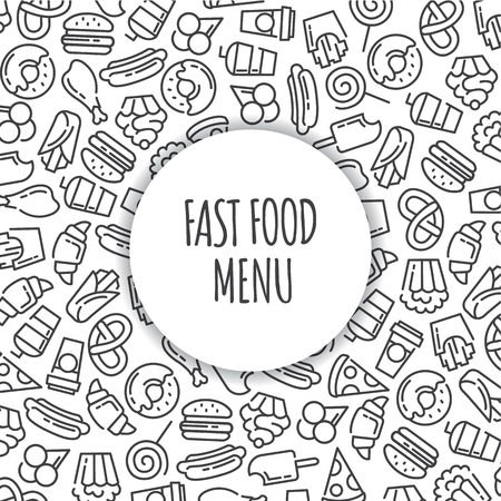 Fast food menu. Set of cartoon vector background.. french fries, hamburger, sweet potato fries, hot dog icecreamのイラスト素材