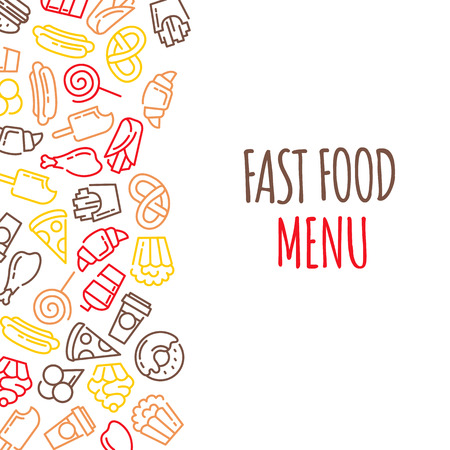 Fast food menu. Set of cartoon vector background.. french fries, hamburger, sweet potato fries, hot dog icecreamのイラスト素材