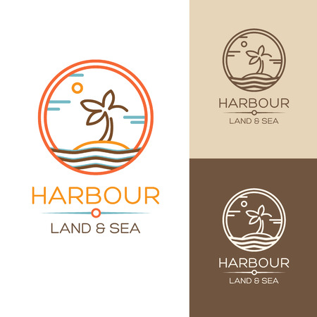 Harbour. Land and Sea. Vector illustrations set with palm on the islandのイラスト素材