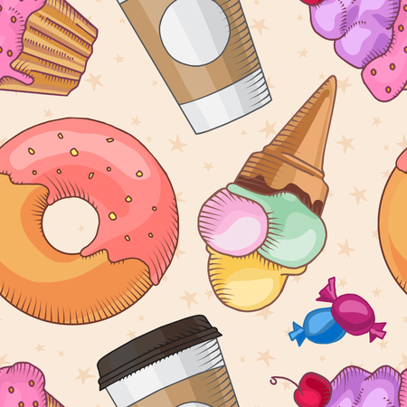 Fast food. Set of cartoon vector food icons on the seamless pattern. french fries, hamburger, sweet potato fries, hot dog, icecreamのイラスト素材