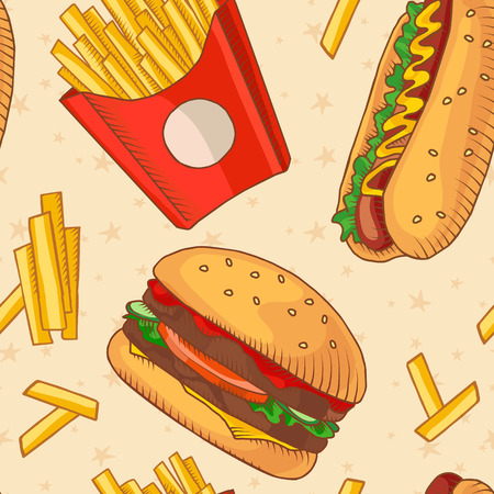 Fast food. Set of cartoon vector food icons on the seamless pattern. french fries, hamburger, sweet potato fries, hot dog, icecreamのイラスト素材
