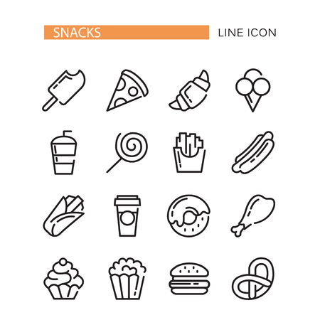Fast food. Set of lined vector food icons. french fries, hamburger, sweet potato fries, hot dog, icecreamのイラスト素材