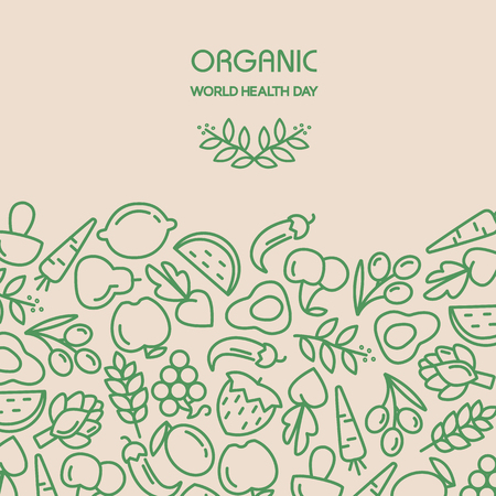 Organic world health day. Fruit and vegetables background illustrationのイラスト素材