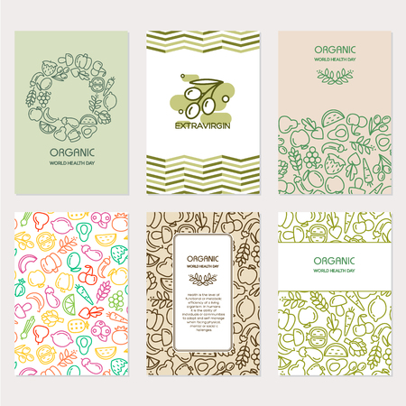 Organic world health day. Fruit and vegetables backgrounds set illustrationのイラスト素材