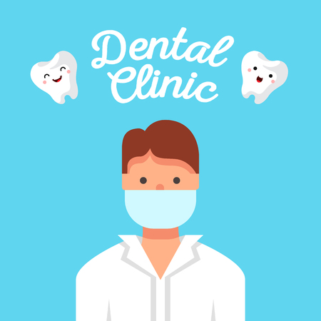 Dentist Doctor Vector illustration. Young Man at His Workplace. Dental Clinicのイラスト素材
