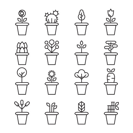 Flat icons set of pot plants garden flowers and herbsのイラスト素材