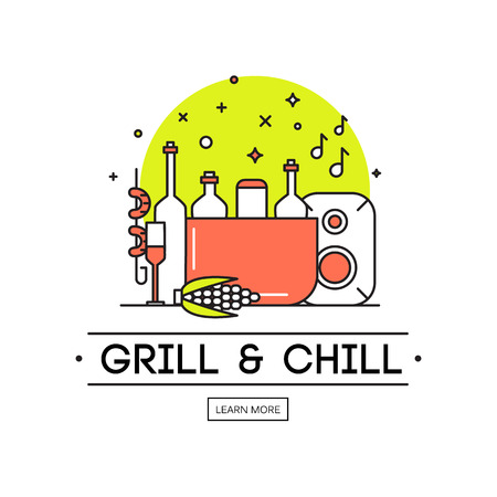 BBQ season opening party announcement flat poster with barbeque accessories event date and time abstract illustrationのイラスト素材